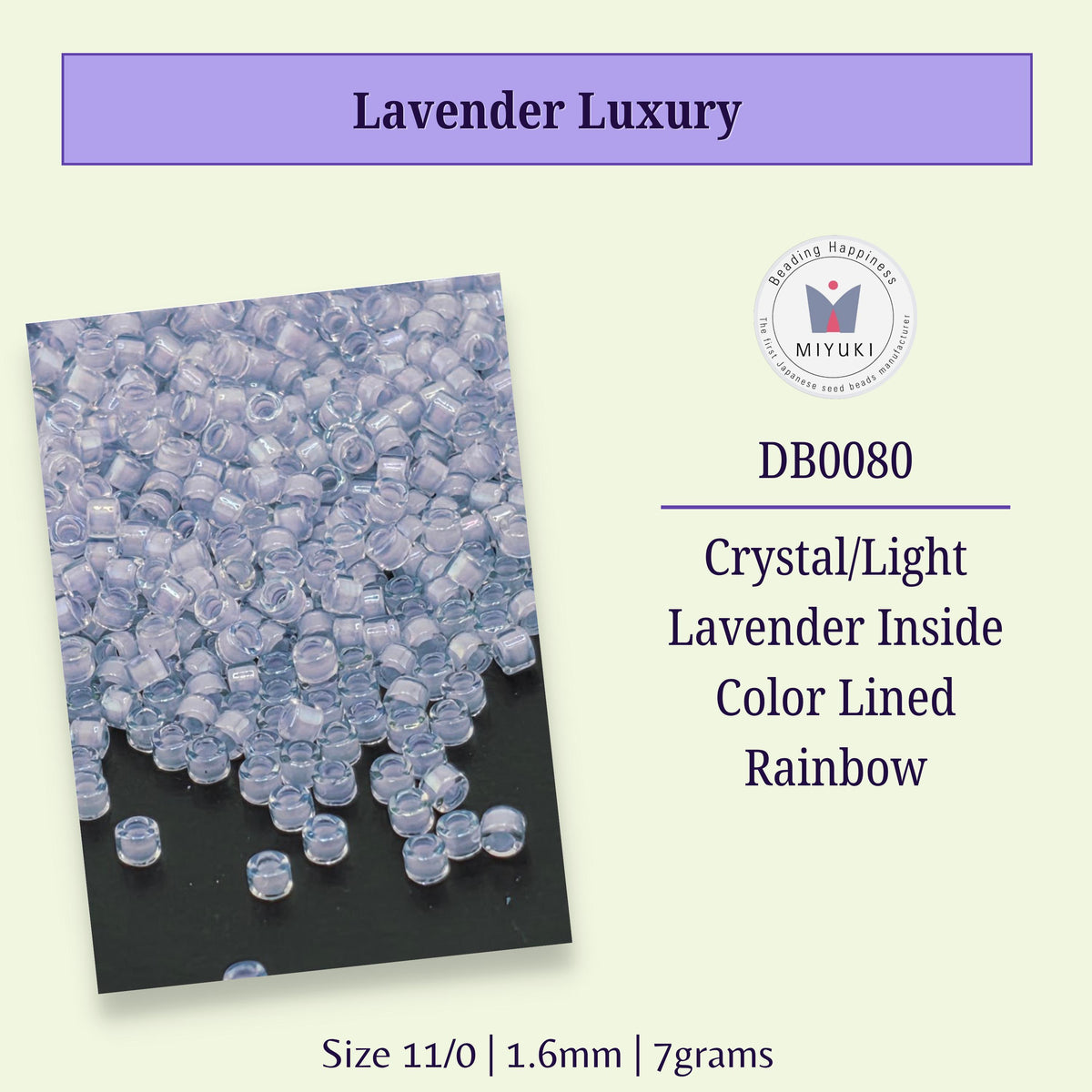 a collection of clear, transparent beads in various sizes, including a large crystal/light lavender inside color lined rainbow. The image is labeled as "Lavender Luxury" and is described as a size of 11/0 (1.6mm) / 7 grams.