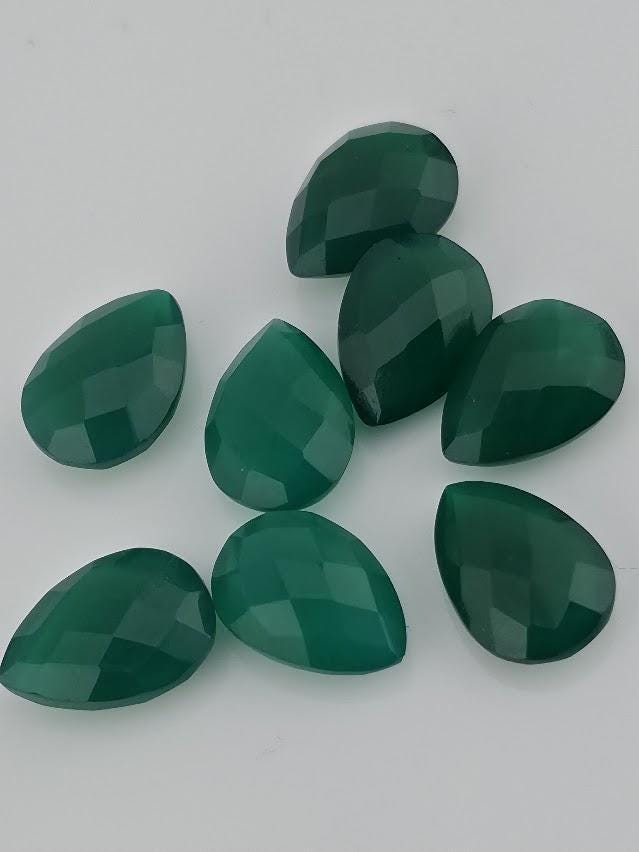 Green Onyx Faceted Pear Lot ~10 Stones, 14x10mm, Double Sided Loose Teardrop Gemstones Wire Wrapping Bezel Setting, Destash Supply