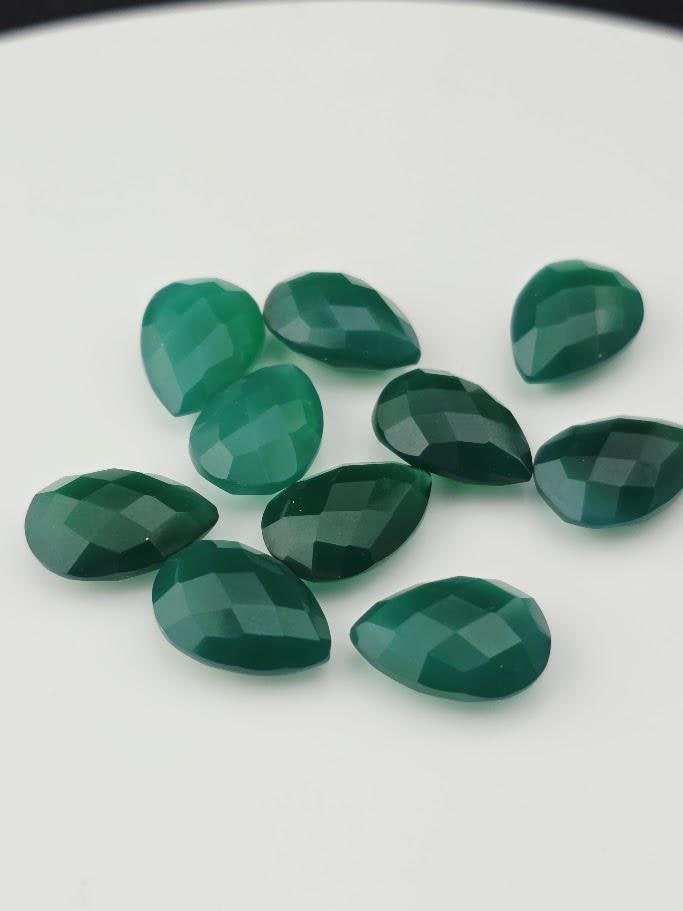 Green Onyx Faceted Pear Lot ~10 Stones, 14x10mm, Double Sided Loose Teardrop Gemstones Wire Wrapping Bezel Setting, Destash Supply