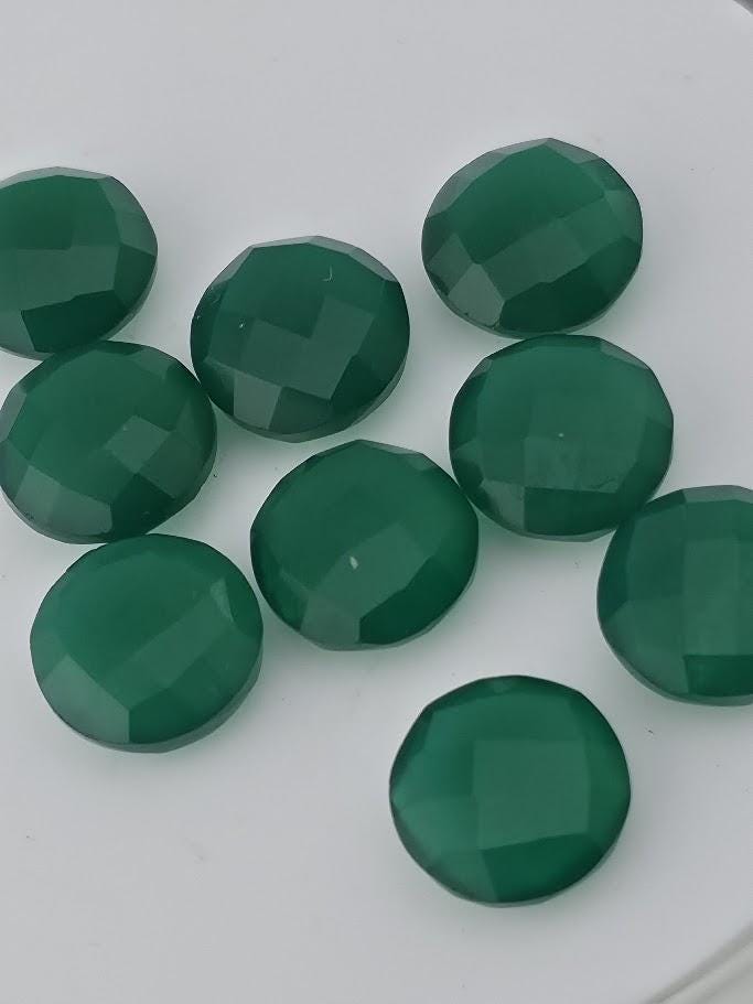 Green Onyx Faceted Stone Lot ~23 Stones, 12mm Round, Double Sided Loose Green Gemstones Wire Wrapping Bezel Setting, Destash Supply