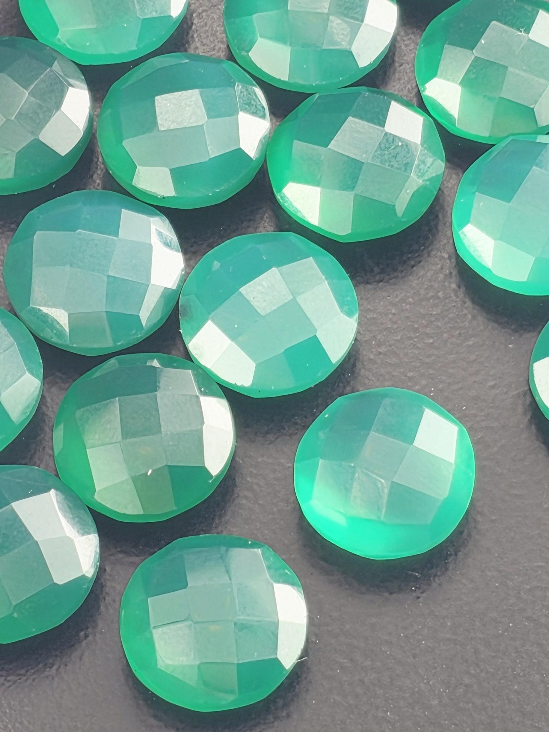 Green Onyx Faceted Stone Lot ~23 Stones, 12mm Round, Double Sided Loose Green Gemstones Wire Wrapping Bezel Setting, Destash Supply