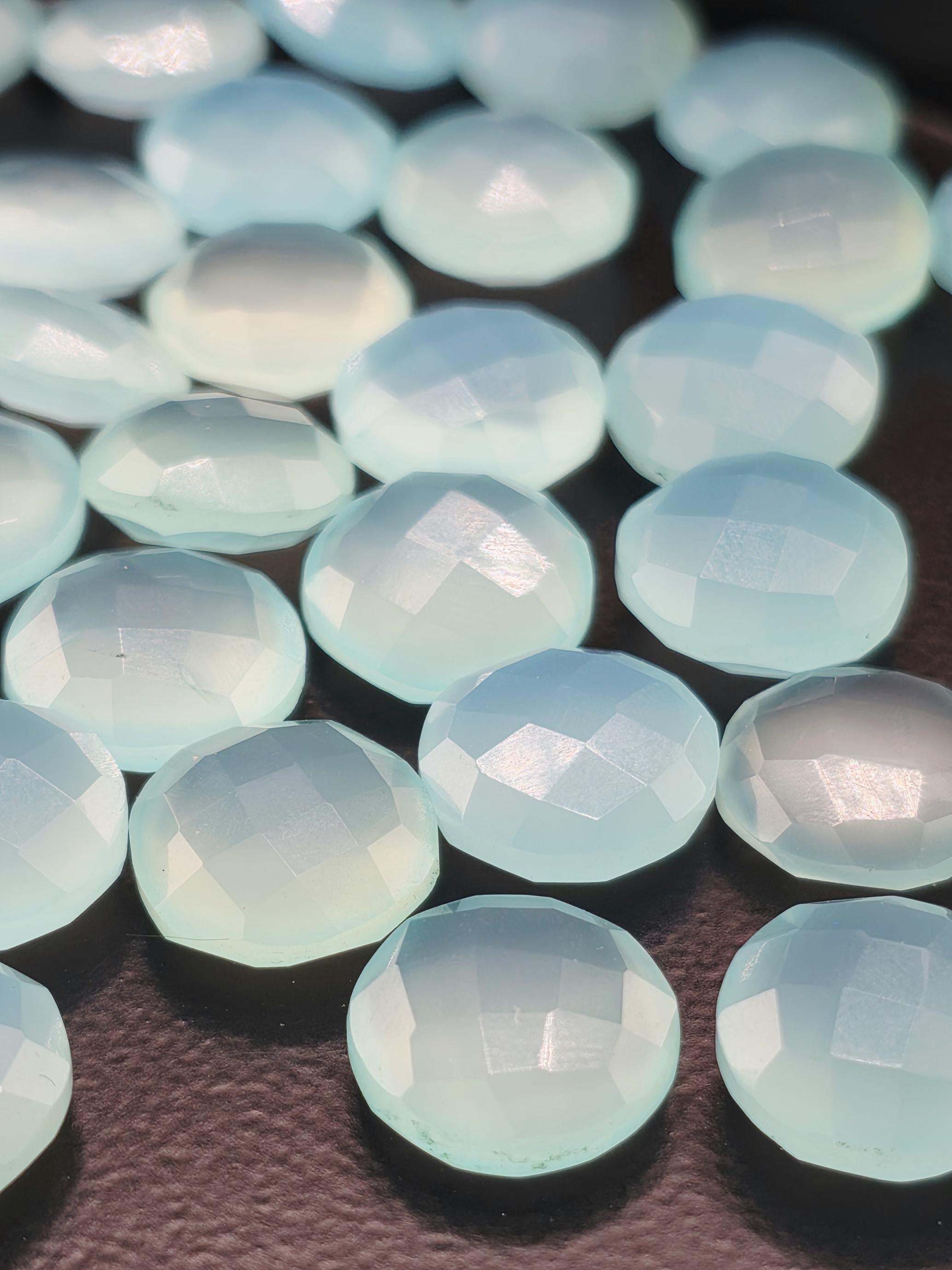 Seafoam Aqua Faceted Stone Lot ~4 Stones, 12mm Round, Double Sided Loose Gemstones Wire Wrapping Bezel Setting, Destash Supply
