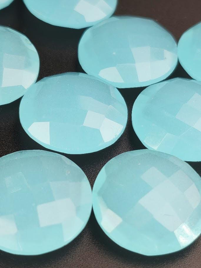 Aqua Chalcedony Large Faceted Round 19mm, ~3 Stones, Double Sided Statement Gemstone Set for Wire Wrapping Bezel Setting, Destash