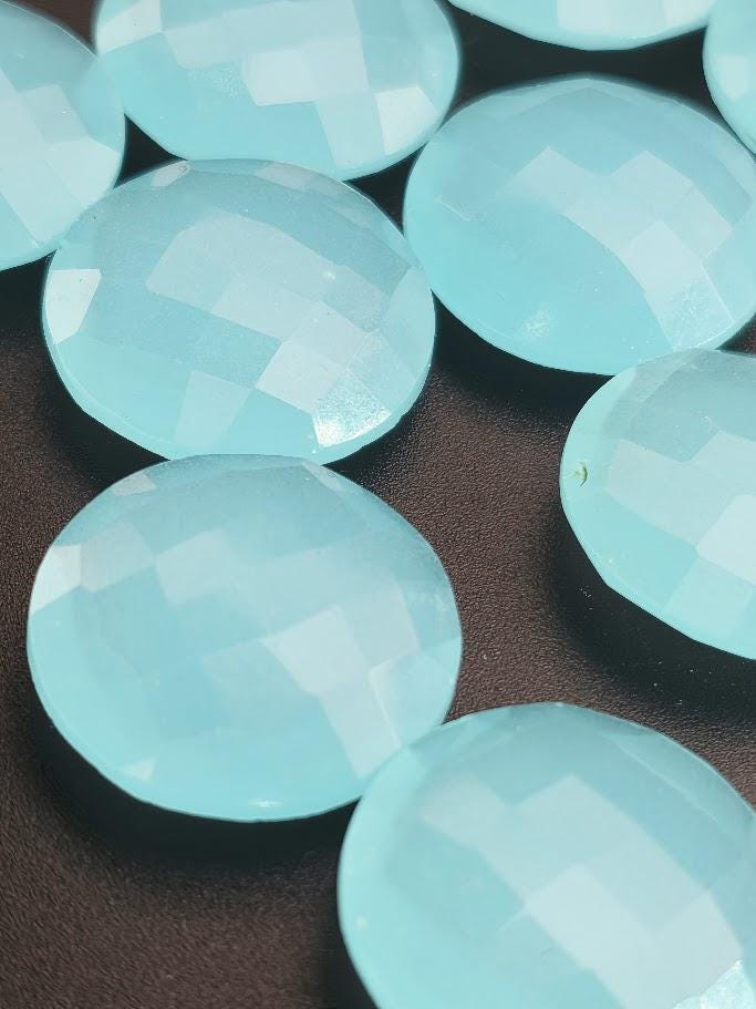 Aqua Chalcedony Large Faceted Round 19mm, ~3 Stones, Double Sided Statement Gemstone Set for Wire Wrapping Bezel Setting, Destash