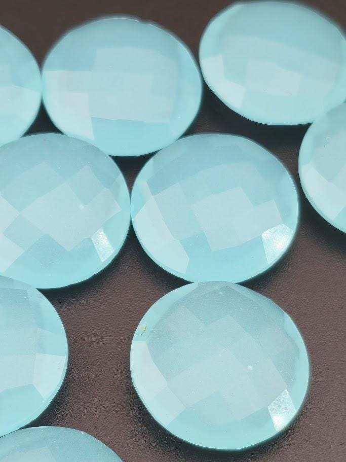 Aqua Chalcedony Large Faceted Round 19mm, ~3 Stones, Double Sided Statement Gemstone Set for Wire Wrapping Bezel Setting, Destash