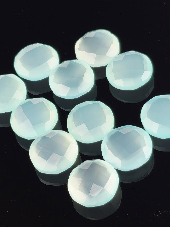 Aqua Chalcedony Gemstone Wire Wrapping Supply Loose Stone Collection Bezel Setting Gem Jewelry Making Component Double Sided Checkerboard Facet Cut Pattern Oval Shape 12mm Natural Blue Stone Package Wire Wrap Material Craft Supply Handmade