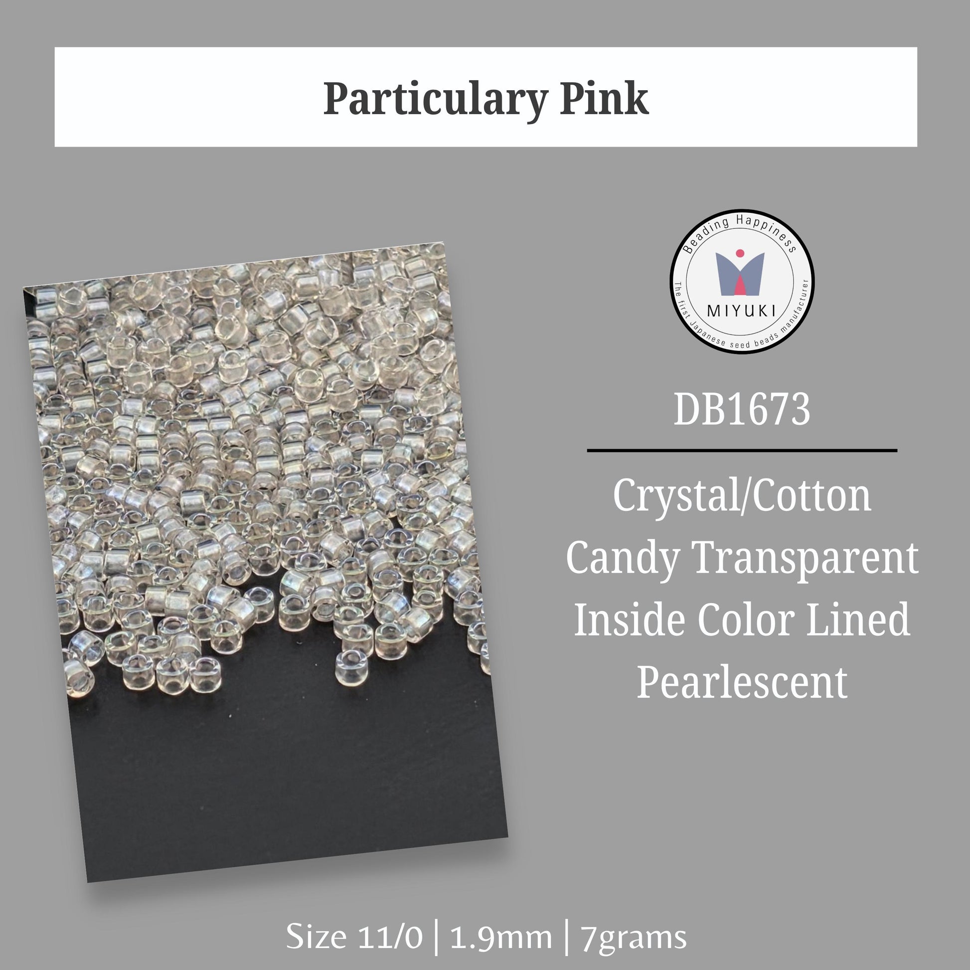 a collection of clear, transparent beads in various sizes, including 11/0, 1.9mm, and 7 grams. The beads appear to be made of crystal or cotton material and are lined inside a color-lined pearlscent.