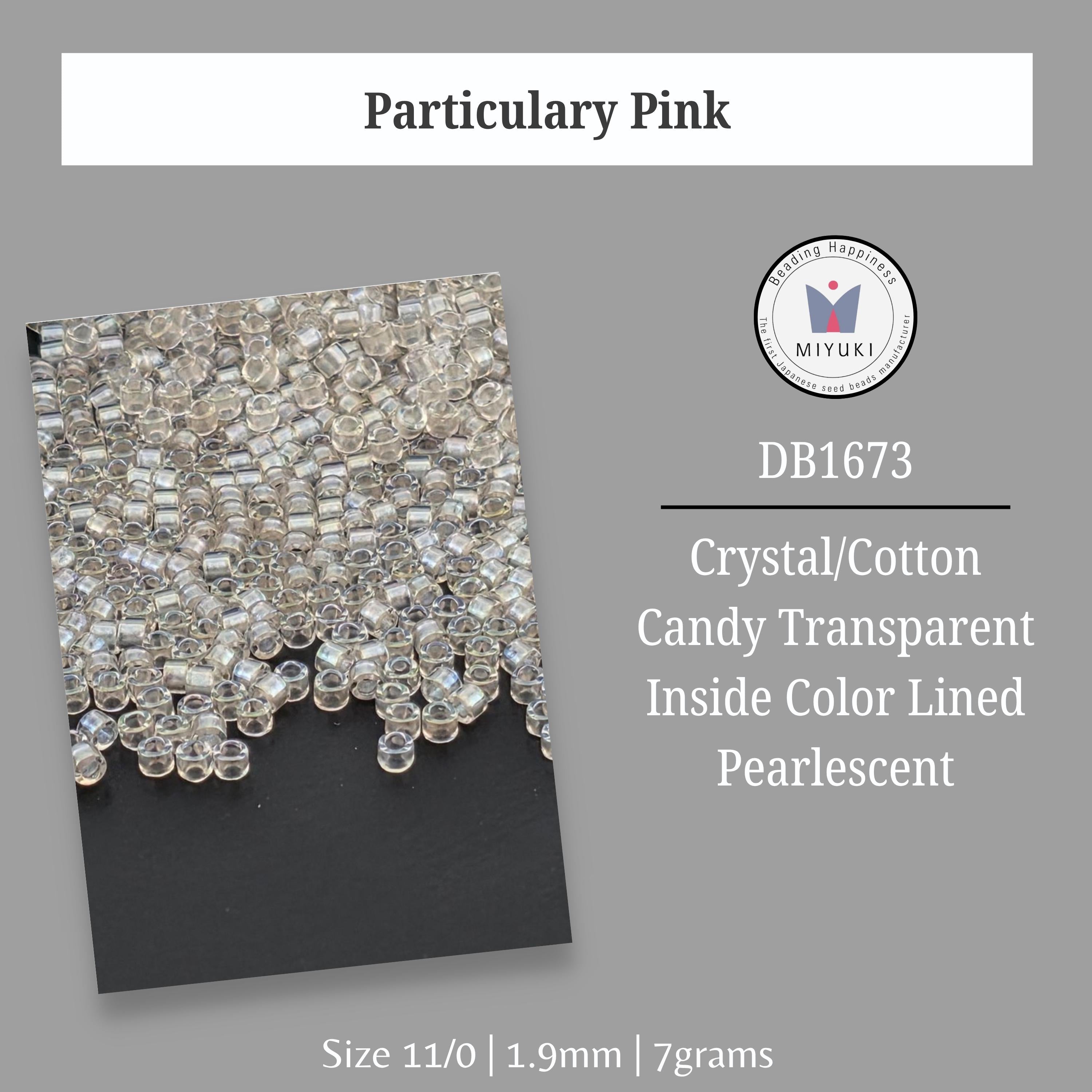 a collection of clear, transparent beads in various sizes, including 11/0, 1.9mm, and 7 grams. The beads appear to be made of crystal or cotton material and are lined inside a color-lined pearlscent.