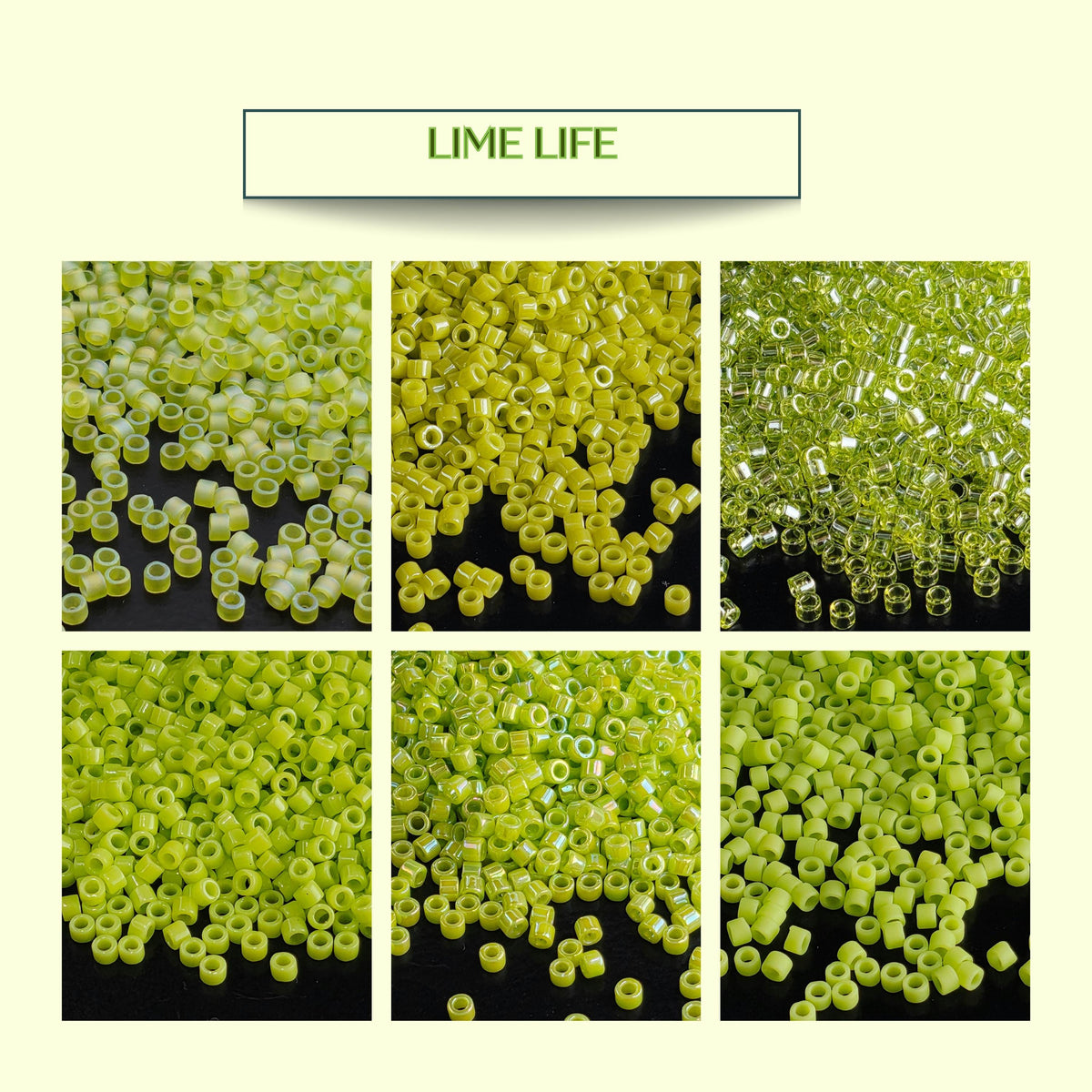 The image is a collage of six images, each depicting a different variety of green beads or pearls. The images show a range of colors and sizes, showcasing the diversity of the green beads.