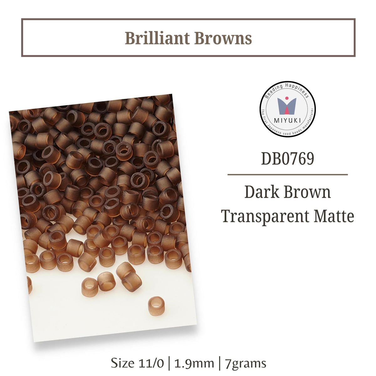 a collection of brown hair beads, specifically Brilliant Brown hair beads, arranged in a pile. The text indicates that these beads are a dark brown transparent matte, and they are available in sizes 11/0 (1.9mm) and 7 grams.