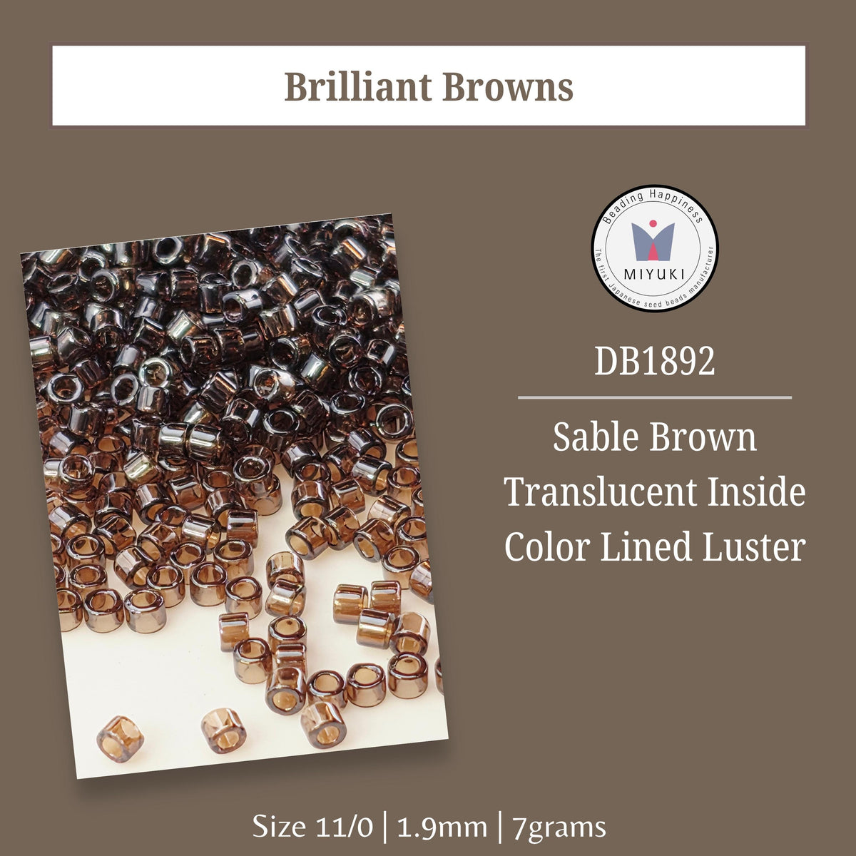 a collection of brown beads, with some of them appearing to be translucent inside a color-lined luster. The text provides information about the product, including its size, material, and manufacturer.