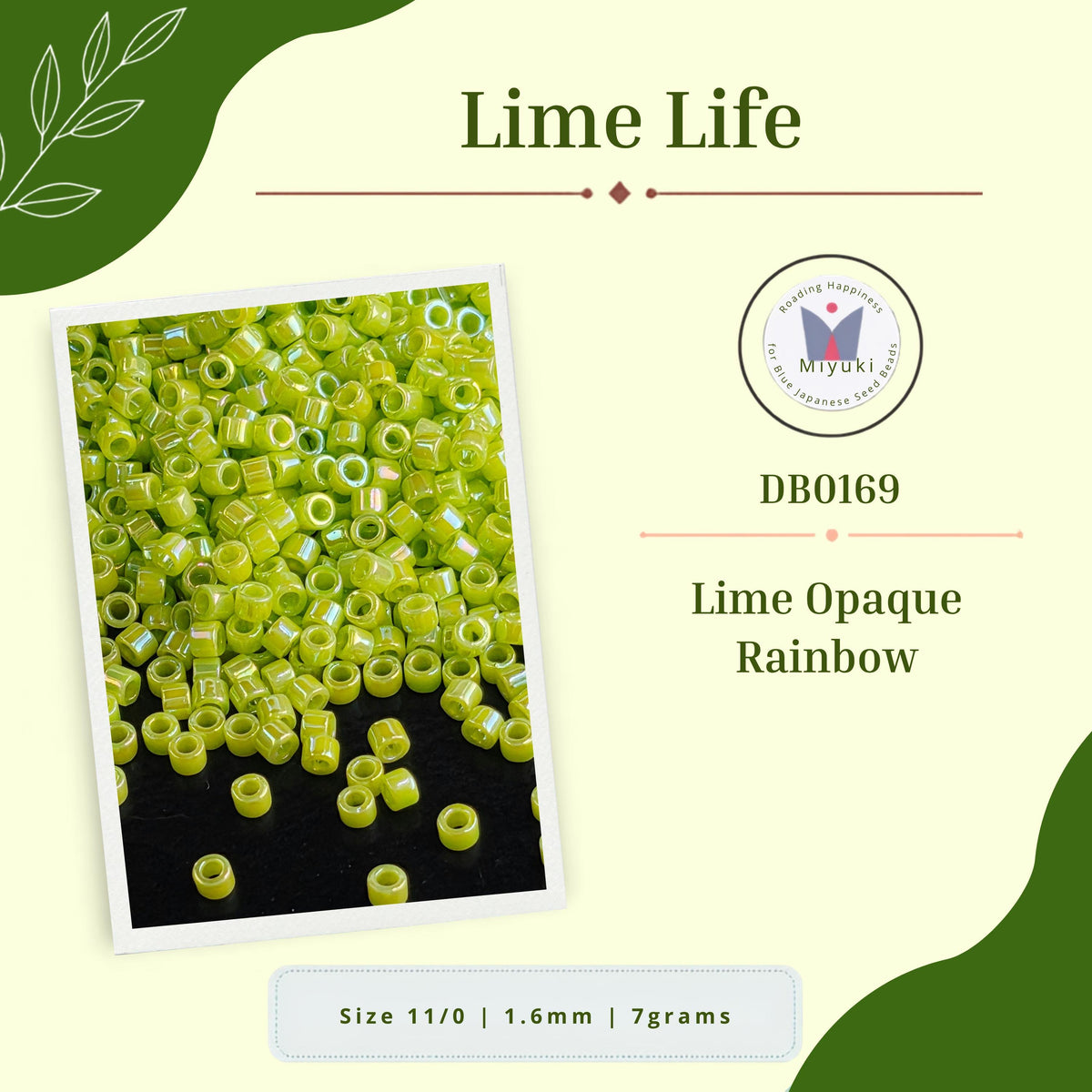 a collection of green glass beads, specifically lime opaquettes, arranged in a visually appealing manner.