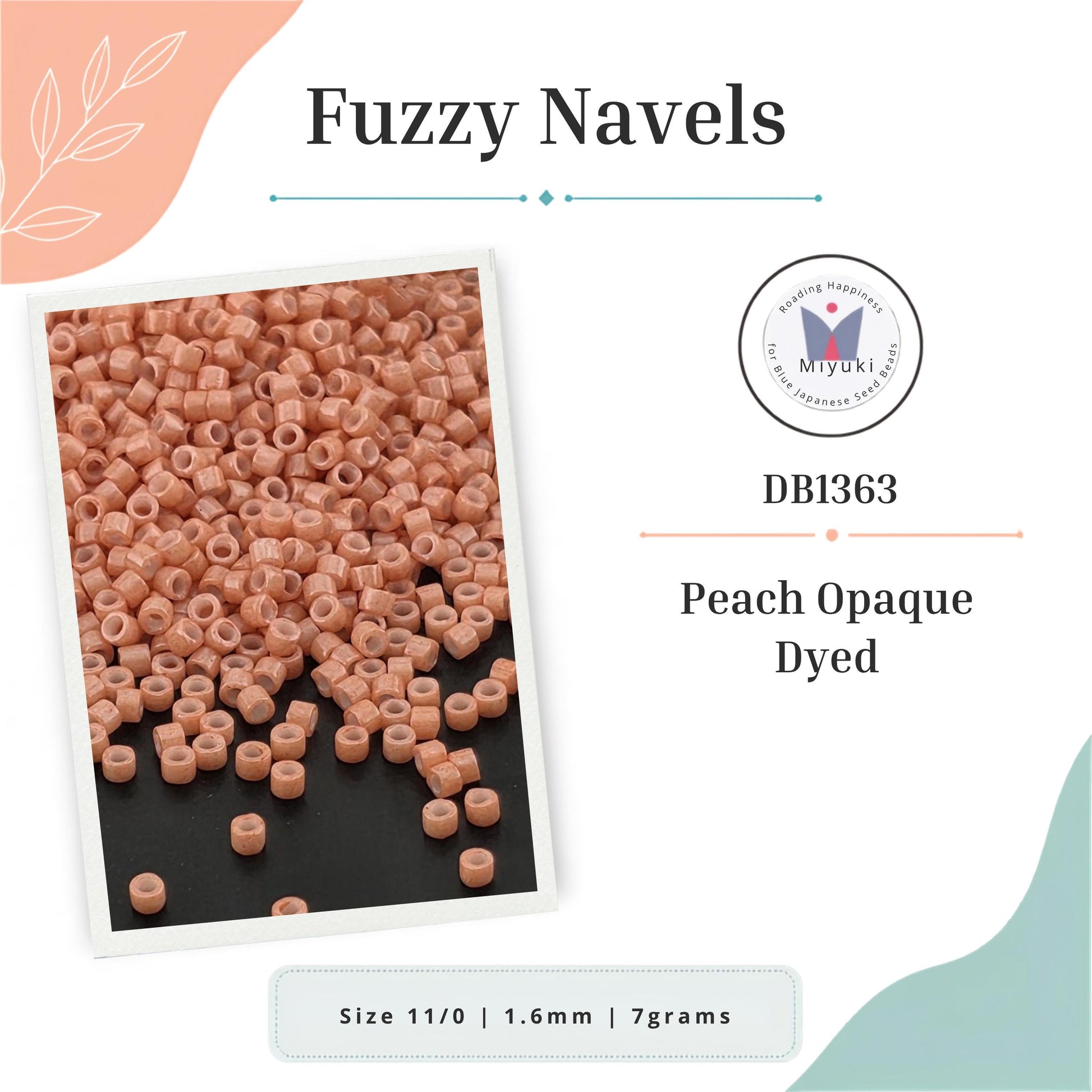 a collection of peach-colored, round beads or navels, which appear to be dyed in a peach color. The image is described as a collage of multiple images, and it is a size 11/0 1.6mm 7gums.