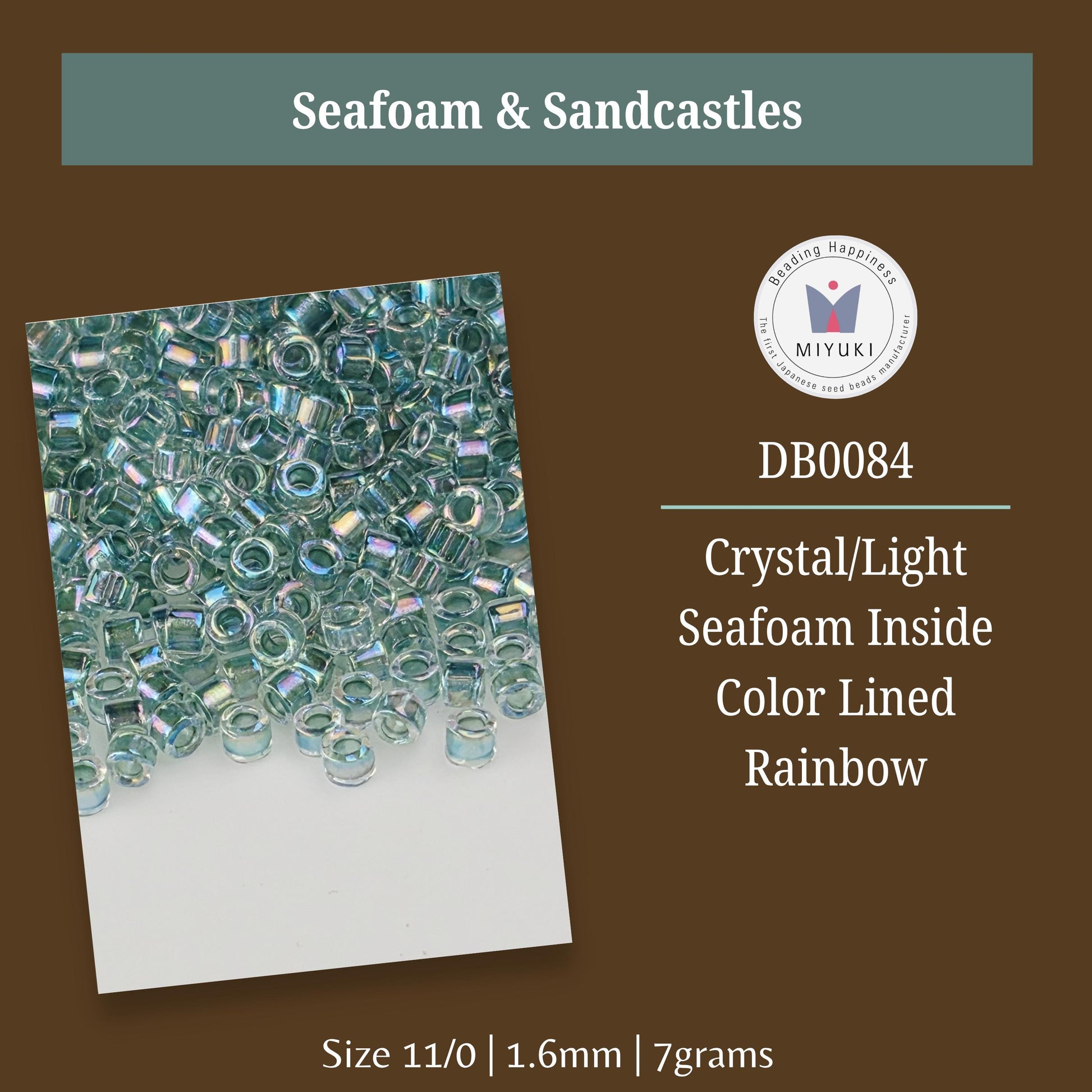 a collection of clear, iridescent beads in various colors, including a rainbow-colored one, arranged in a visually appealing manner.