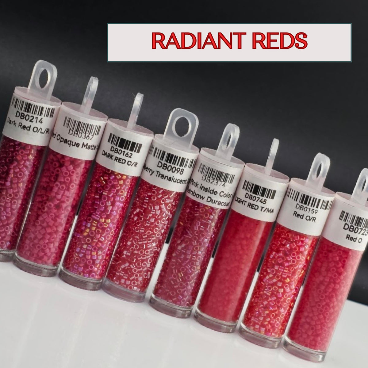 A collection of red beads in various shades, with labels indicating the color names.