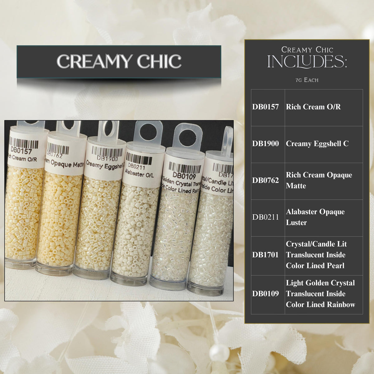 a collection of six clear plastic containers filled with various types of beads, including amber-colored beads and white beads, arranged in a row.