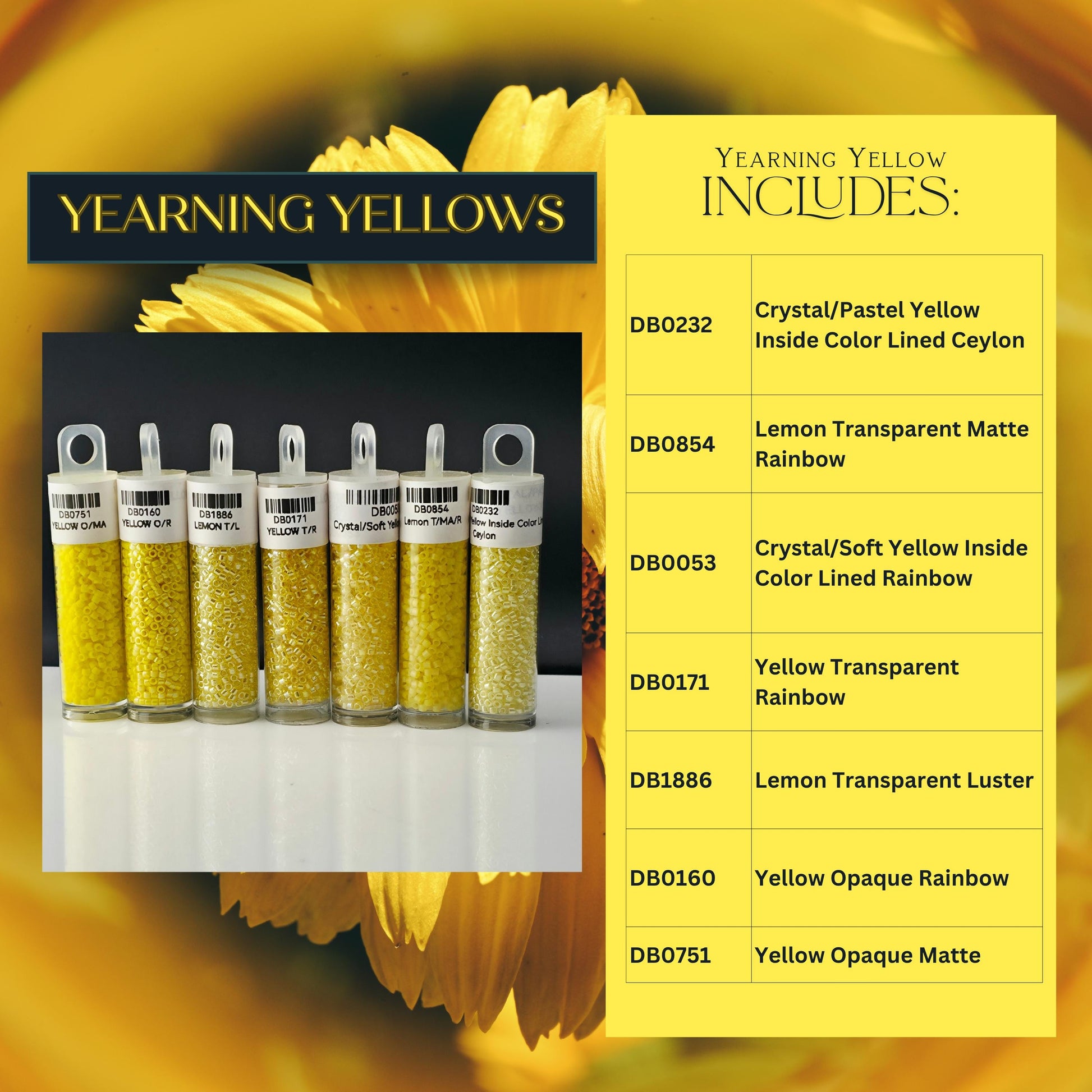 The image is a collage of various yellow colored products, including crystal/paste yellow, lemon transparent matte, crystal/soft yellow, color lined rainbow, crystal/soft yellow inside, yellow transparent luster, yellow opaque rainbow, yellow opaque matte, and yellow opaque matte.