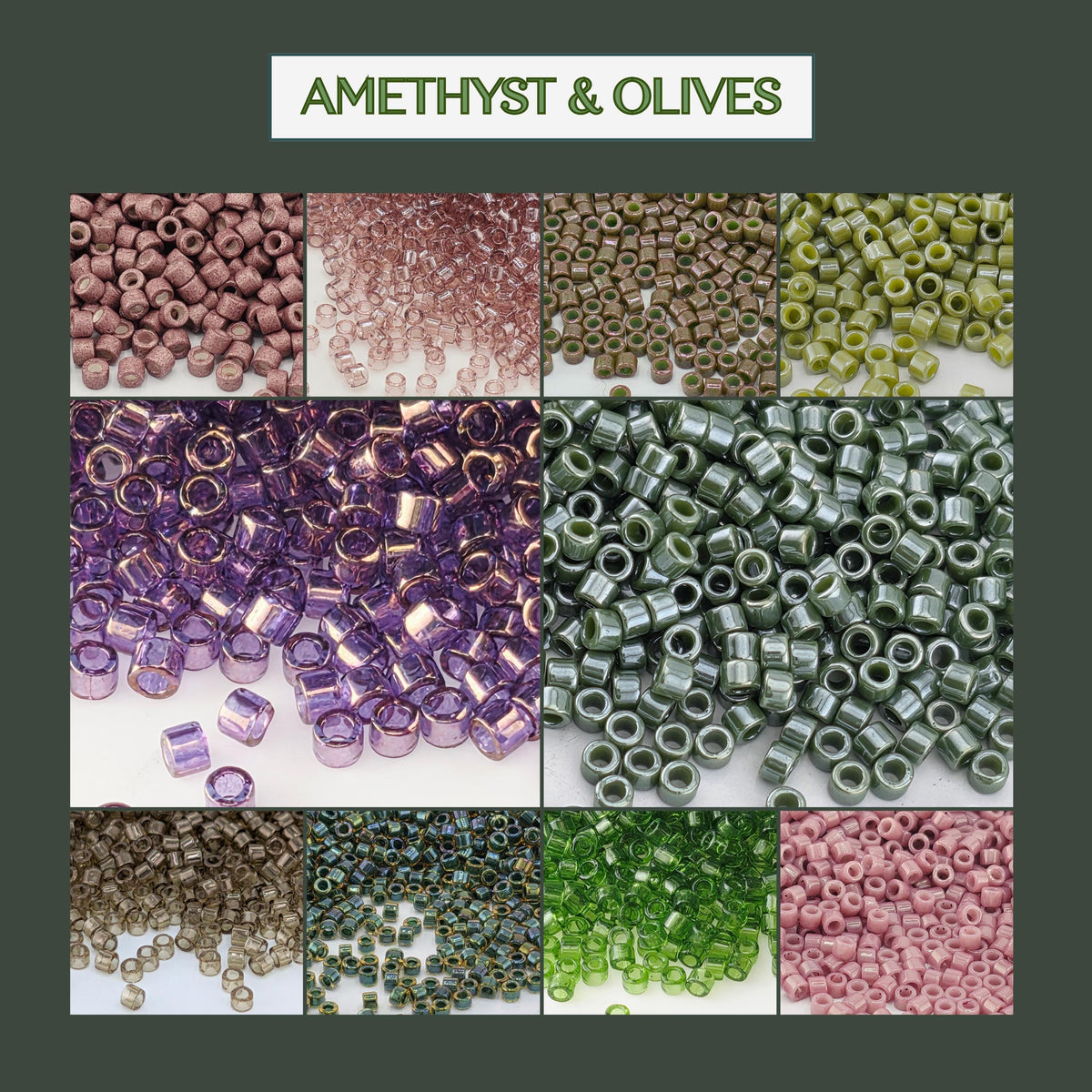 The image is a collage of various colored beads, including amethyst and olive beads, arranged in a grid-like pattern.