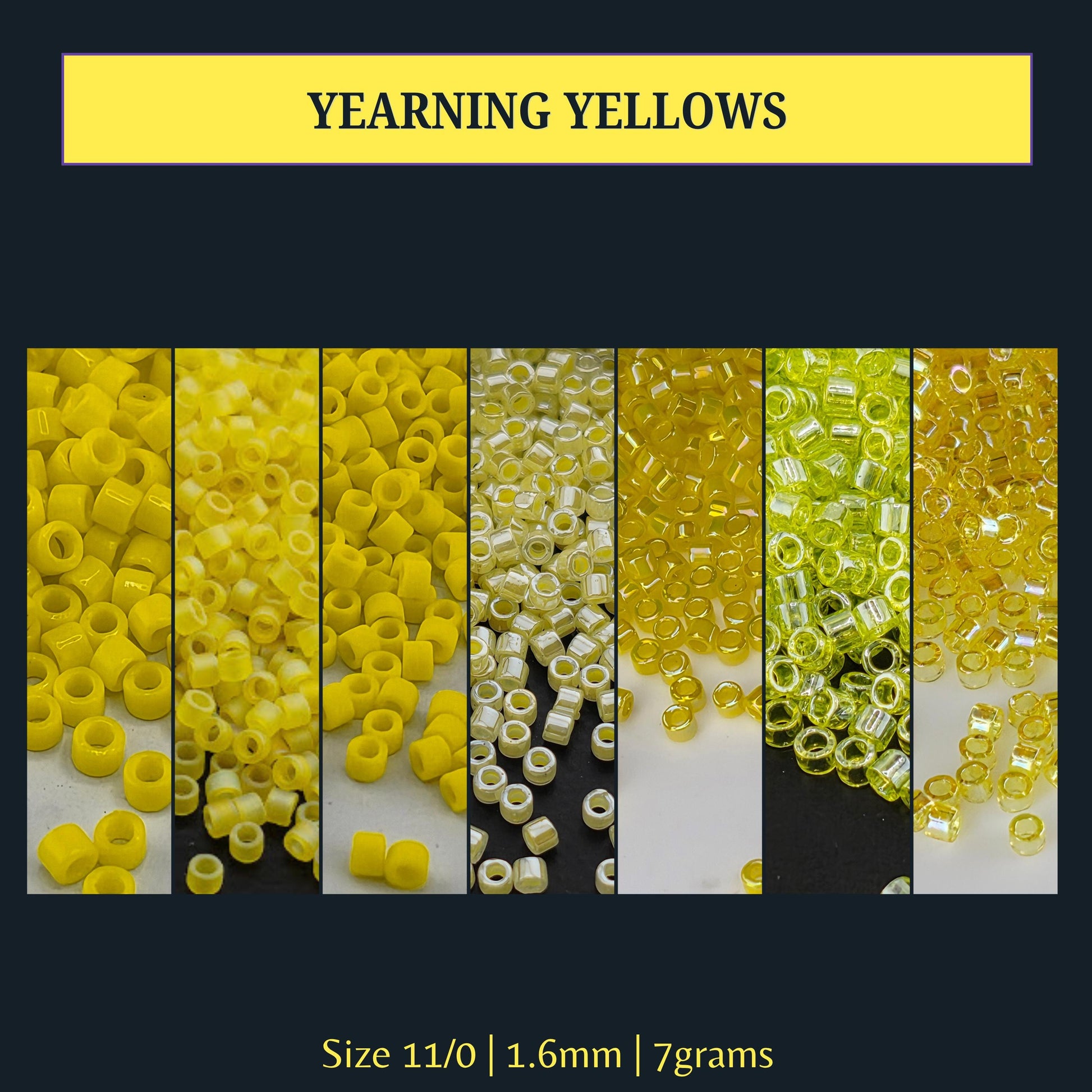 The image is a collage of various sizes of yellow beads, with the largest size being 11/0 (1.6mm) and the smallest being 7g.