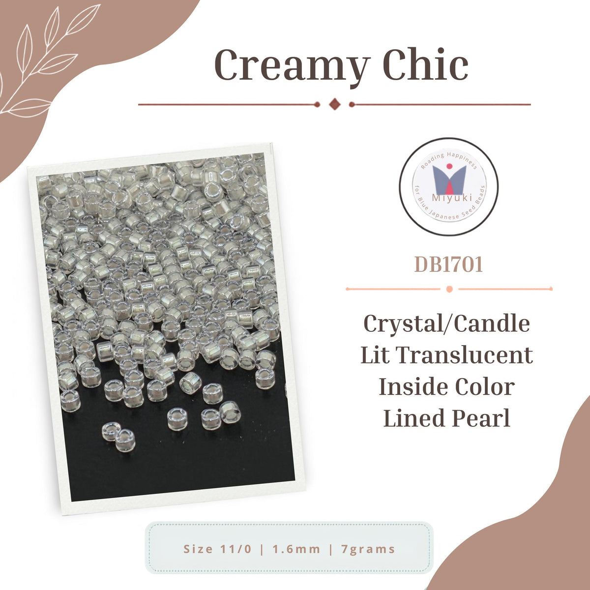 a collection of small, clear beads in various sizes, including 11/0, 1.6mm, and 7grams.