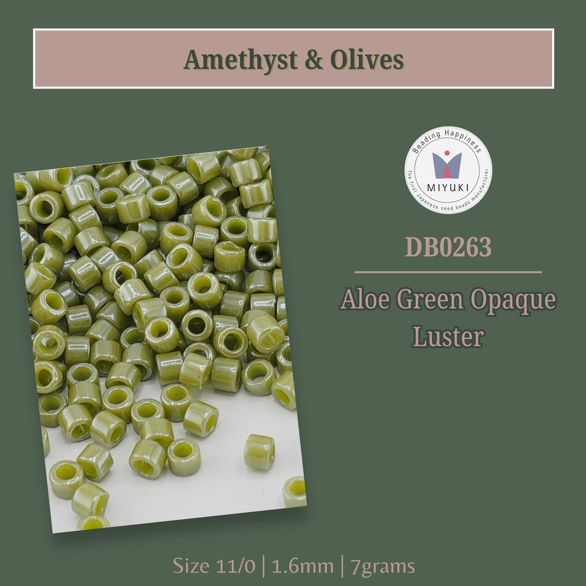 a collection of green, oval-shaped objects, which appear to be beads or seeds, arranged in a pile. The objects are described as "Amethyst & Olives" and "Aloe Green Opaque Luster".