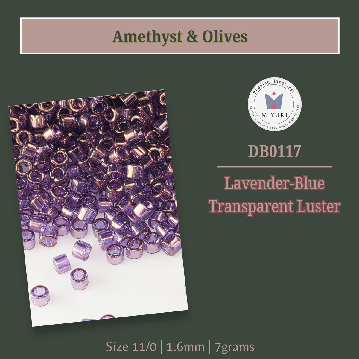 a collection of purple beads, specifically Amethyst and Olives, arranged in a visually appealing manner. The image also includes text that provides information about the product, including its size, material, and weight.