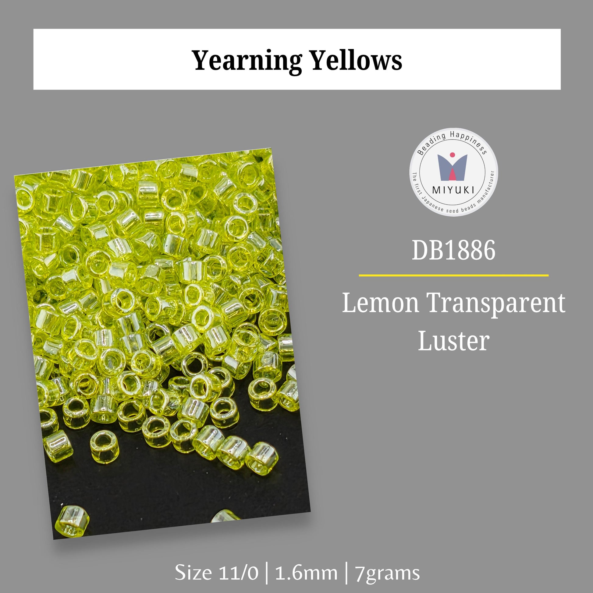 a collection of yellow beads, specifically lemon-transparent luster beads, arranged in a pile.