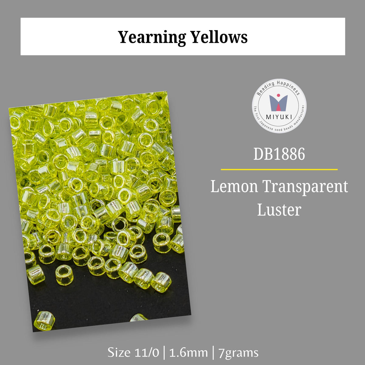 a collection of yellow beads, specifically lemon-transparent luster beads, arranged in a pile.