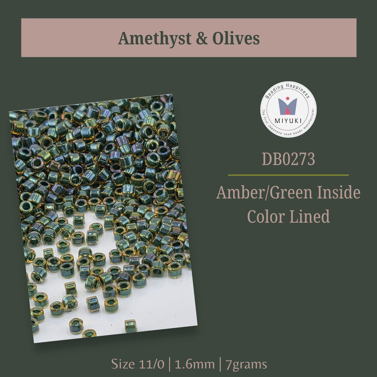 a collection of green and amber-colored beads, possibly Amethyst and Olive beads, arranged in a visually appealing manner.
