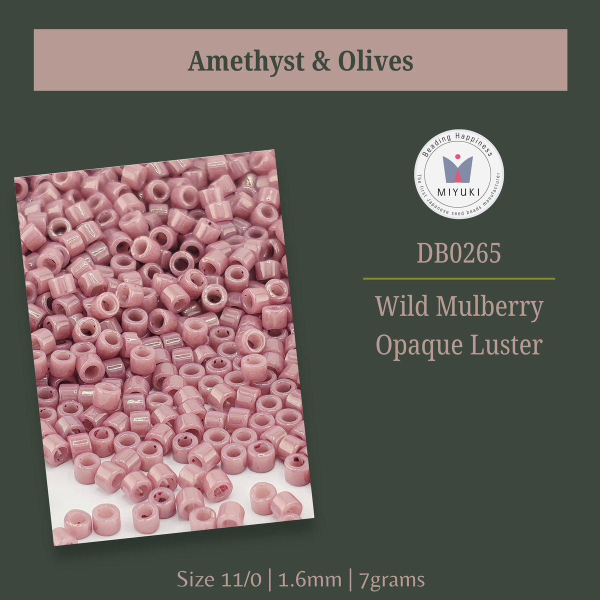 a collection of pink beads, specifically Amethyst and Olives, arranged in a pile. The image also includes a logo and text indicating the size and material of the beads.