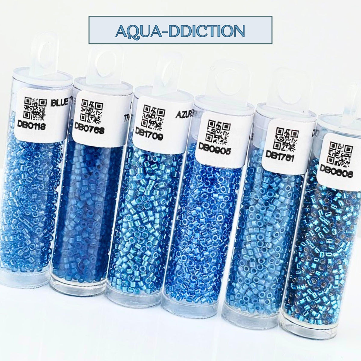 A collection of six glass containers filled with blue beads, each labeled with a unique identifier.