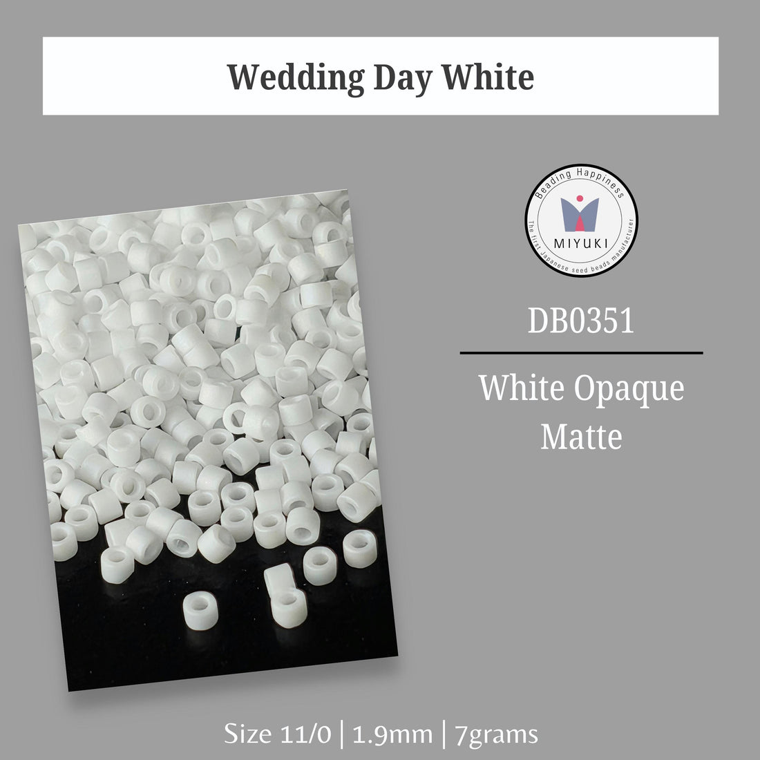 A collection of six clear plastic containers filled with white beads, each labeled with a different color.