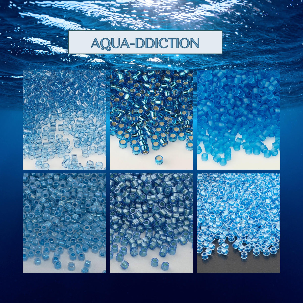 The image is a collage of six images depicting various shades of blue beads or beads in different shapes and sizes, arranged in a grid format.
