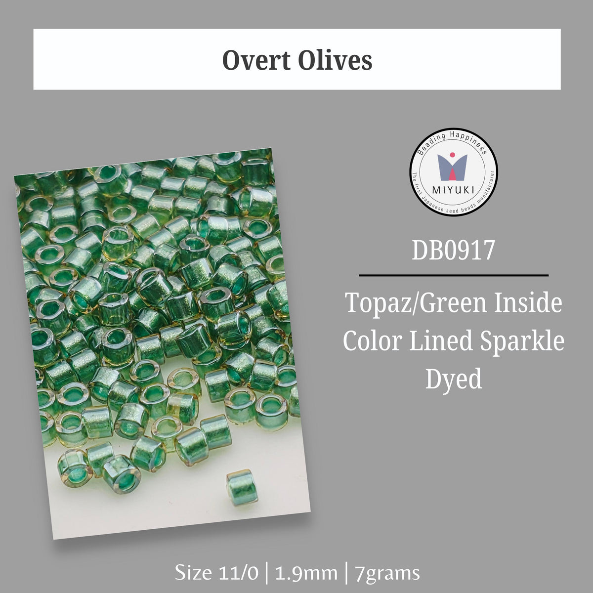 a collection of green glass beads, specifically olive-colored, arranged in a pattern. The beads are color-lined and appear to be dyed. The image is described as a "size 11/0" with a diameter of 1.9mm and a weight of 7 grams.