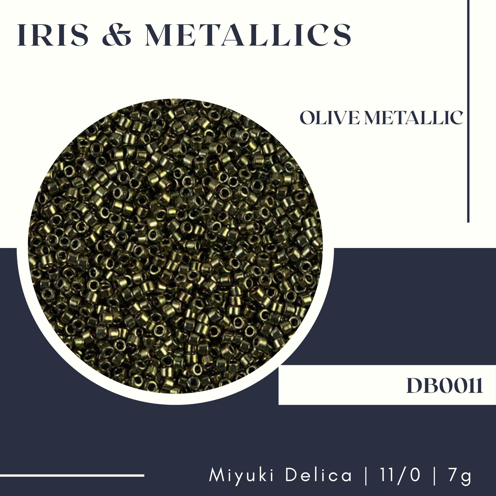 The image is a collage of multiple images, including a close-up of a circular object filled with small, shiny, metallic beads. The collage is titled "Iris & Metals" and "Olive Metallic" and includes the text "DB0011" and "Miyuki Delica | 11/0 | 7g".