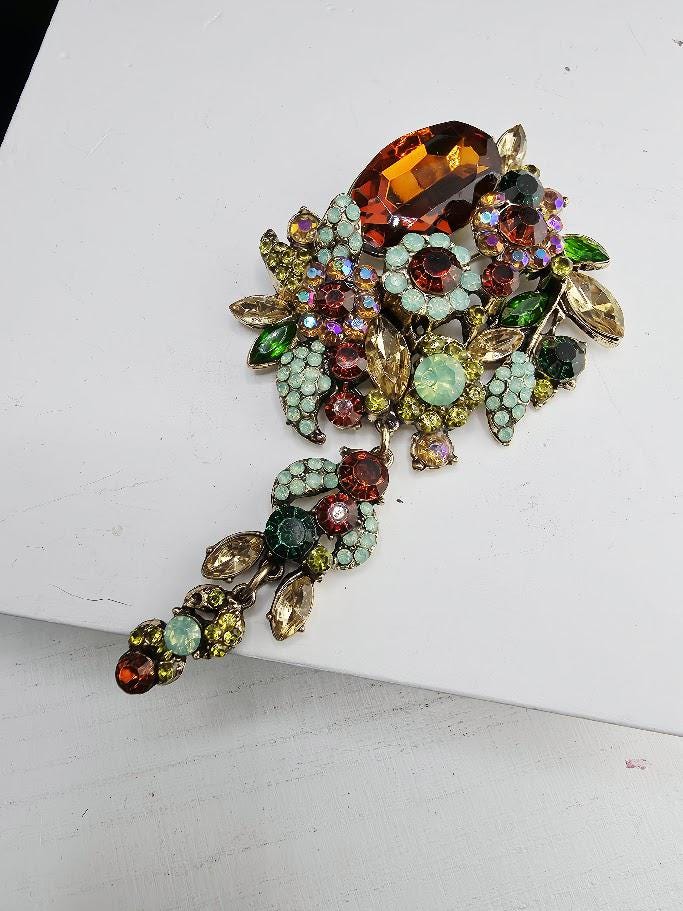 Topaz and Green Flower Brooch - Gold Plated with Colorful Gemstones