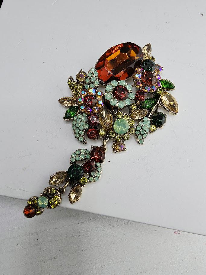 Topaz and Green Flower Brooch - Gold Plated with Colorful Gemstones