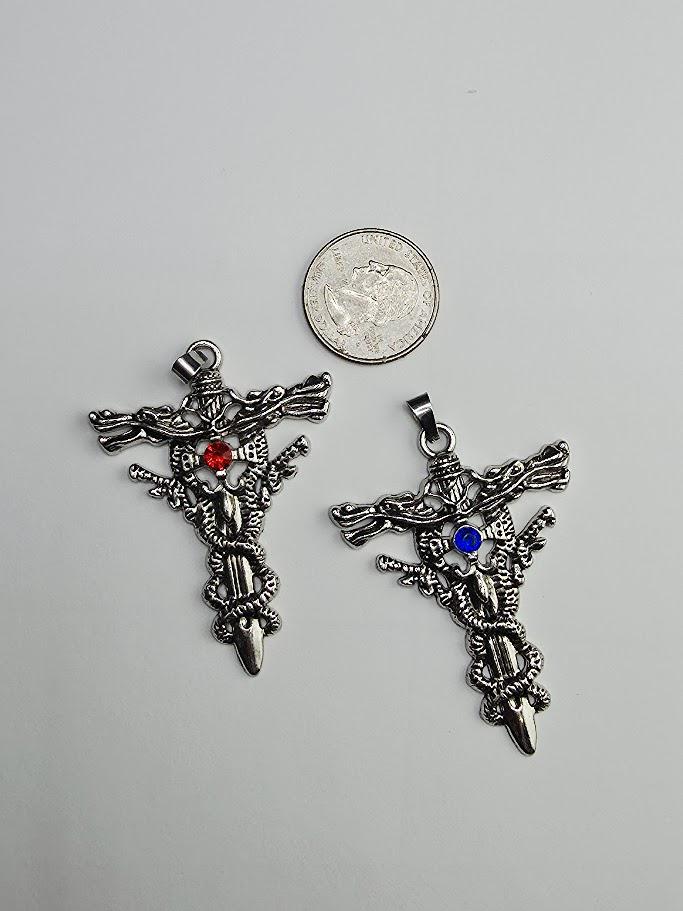 Set of 2 Gothic Style Alloy Cross Pendants with Red and Blue Rhinestone Accents