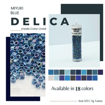 The image is a promotional advertisement for Miyuki Blue Delica beads. It features a close-up of the beads in various shades of blue, as well as a close-up of the beads in a clear container. The text on the image indicates that the beads are available in 18 colors and are available in size 11/0/17g tubes.
