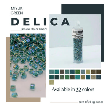 The image is an advertisement for Miyuki Green Delica beads. It features a close-up of the beads in various colors, as well as a close-up of the beads in a clear container. The text on the image indicates that the beads are available in 22 colors and are available in size 11/0/17g tubes.