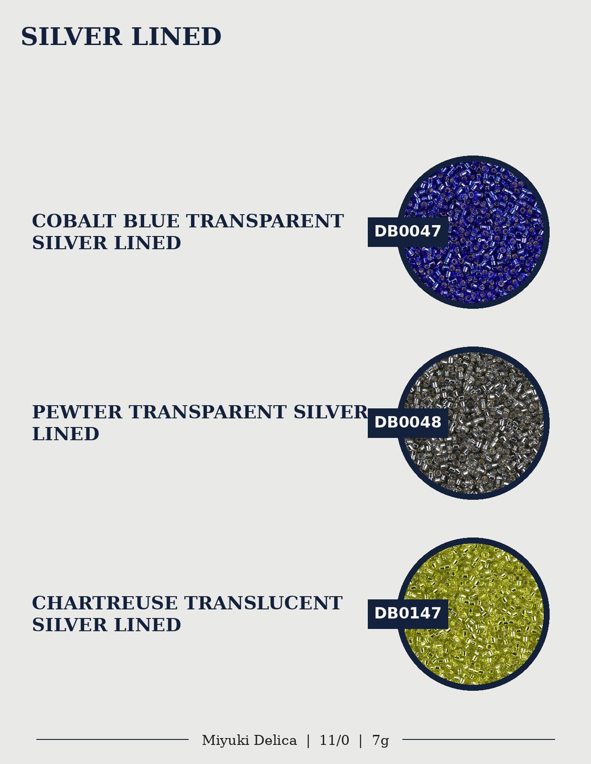 three different colored silvers, each with a label indicating the type of silver lining used.