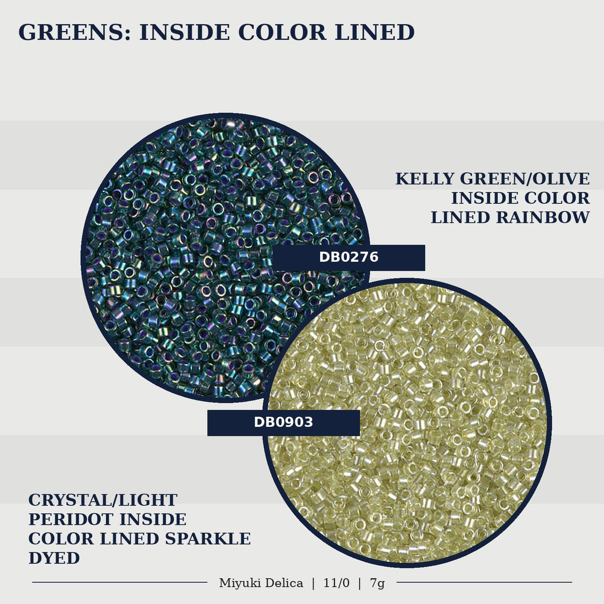 two different types of beads, one with a green color and the other with a gold color, both with a color-lined sparkle. The beads are arranged in a circular format, with the green beads on the left and the gold beads on the right.