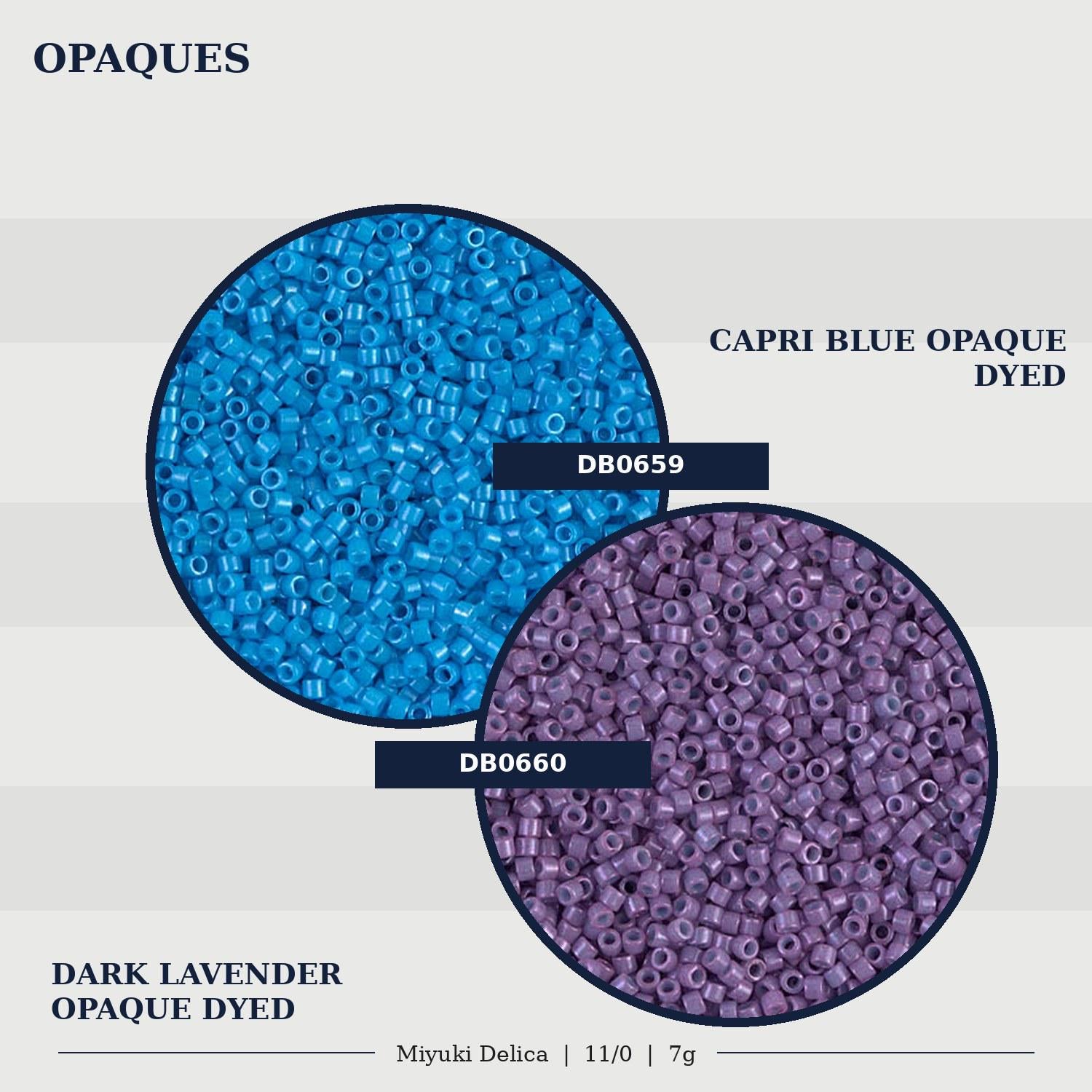 two circles of colored beads, one blue and one purple, with text indicating the color and type of beads.