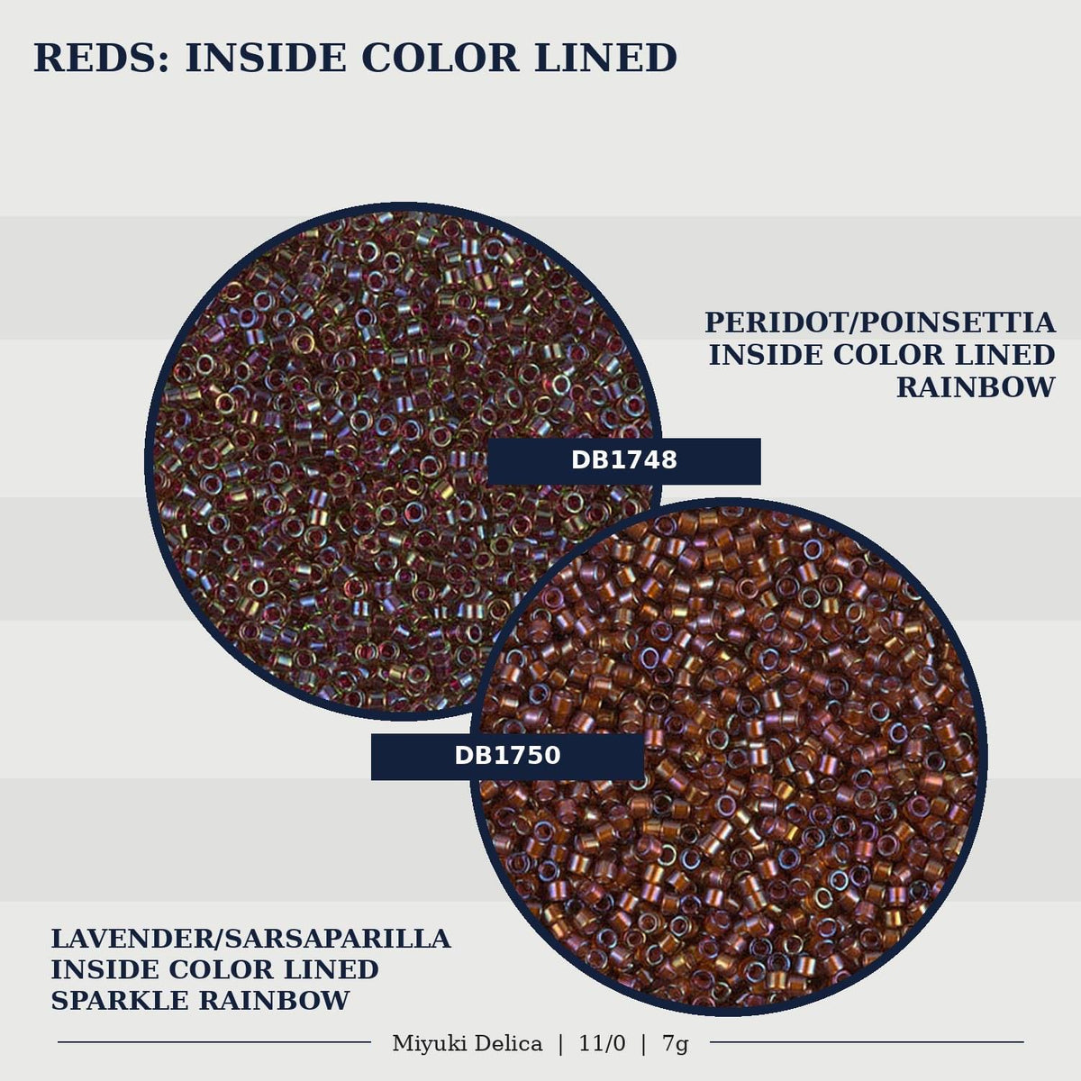 two different colored beads, one red and one lavender, both inside a color-lined rainbow. The red beads are labeled as "PERIDOT/POINSETTA INSIDE COLOR LINED RAINBOW" and the lavender beads are labeled as "LAVENDER/SARSAPARILLA INSIDE COLOR LINED SPARKLE RAINBOW".