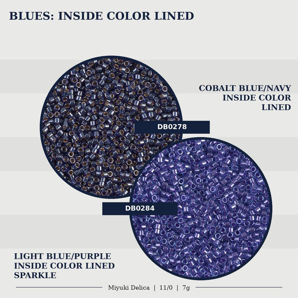 two different types of beads, one in a light blue/purple color and the other in a darker blue/navy color, both inside color-lined sparkles.