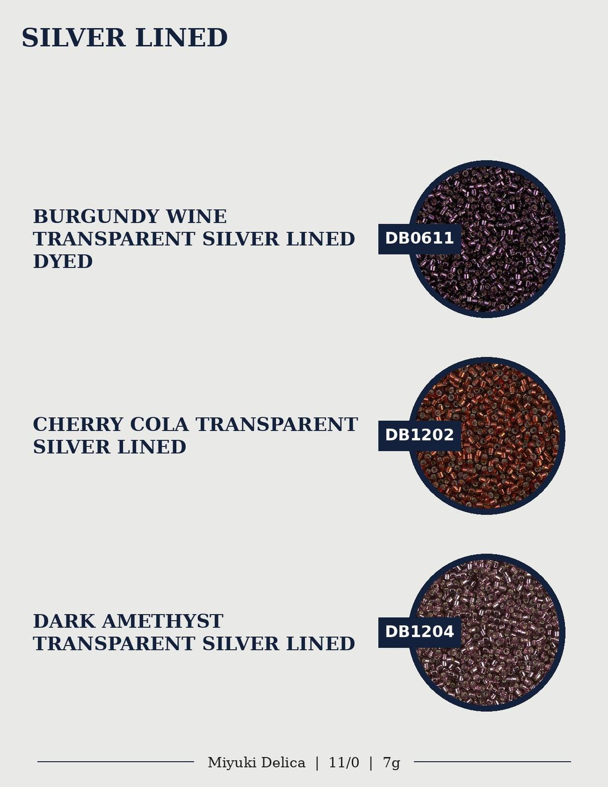 three different colored transparent silver linings, each with a different label. The labels include "Burgundy Wine", "CHERRY COLA TRANSPARENT SILVER LINED", and "DARK AMETHYST TRANSPARENT SILVER LINED".