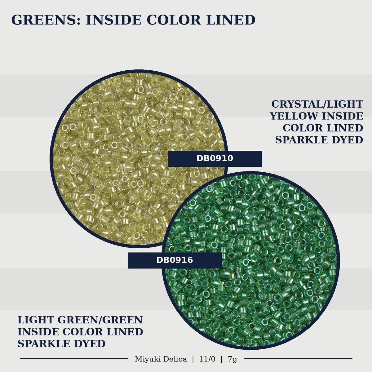 two circular arrangements of beads, one with a light green color and the other with a dark green color, both of which are color-lined sparkle dyed.