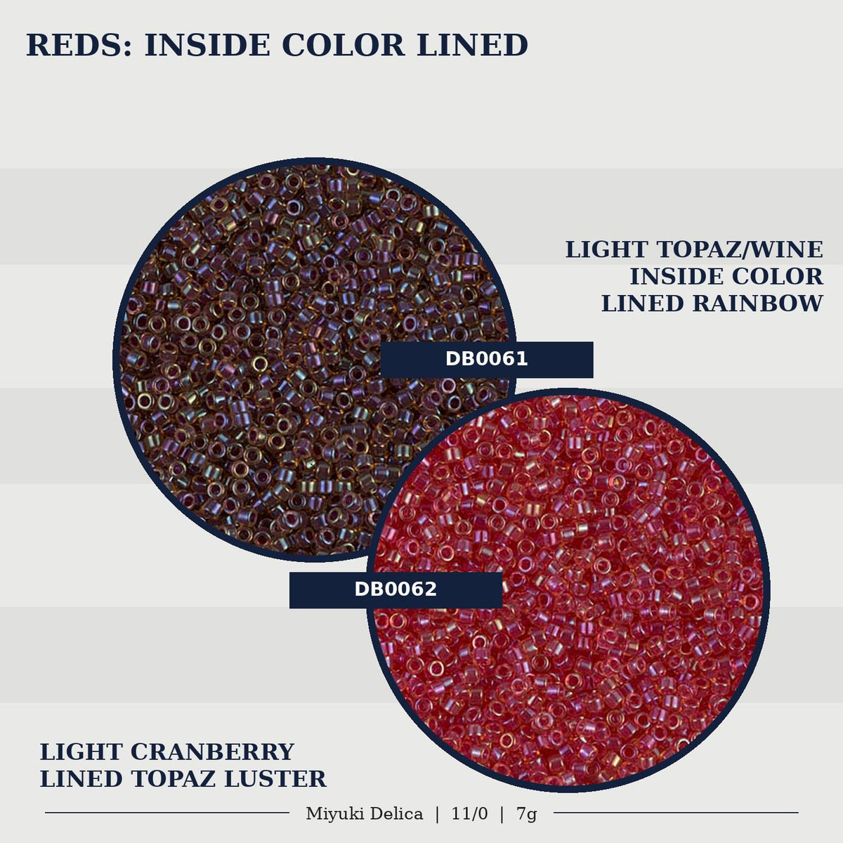 two circular arrangements of beads, one in a light cranberry color and the other in a red color, both with a lined topaz luster.