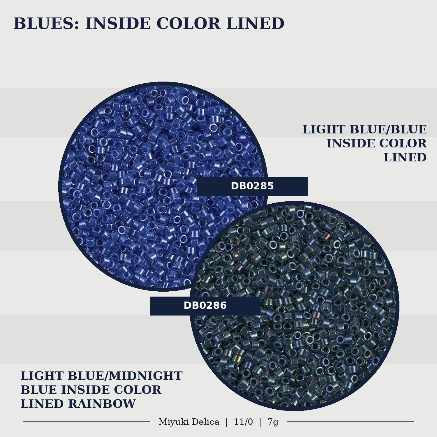 two circular arrangements of beads, one in a light blue color and the other in a dark blue color, both lined in a rainbow pattern.