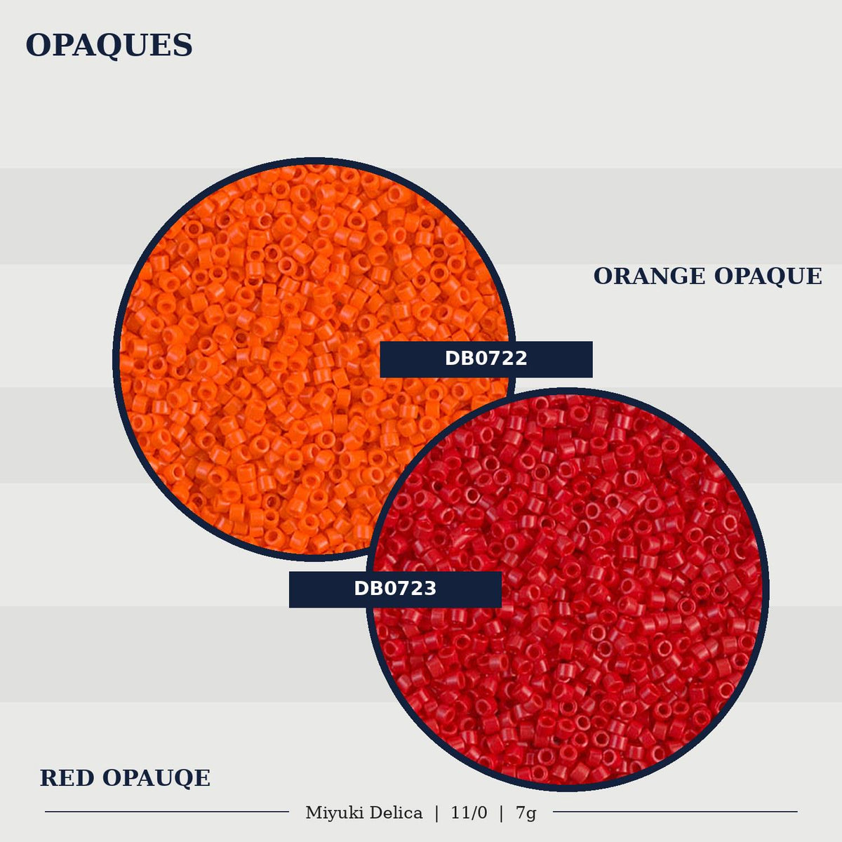 two circles of colored beads, one red and one orange, with text indicating the color and the bead type.